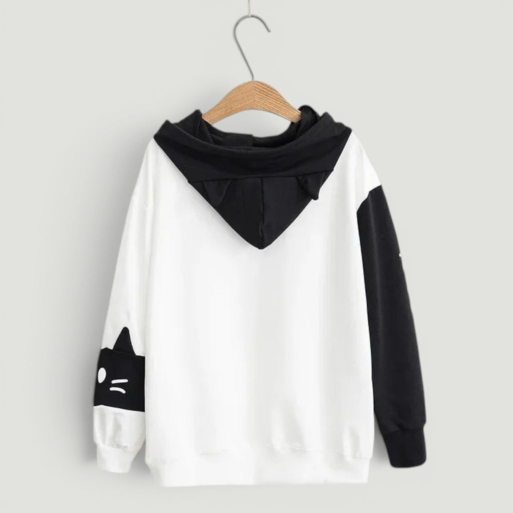 Black and white cat ear hooded pullover sweatshirt with cute cat face design on sleeve