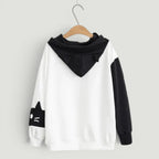 Black and white cat ear hooded pullover sweatshirt with cute cat face design on sleeve