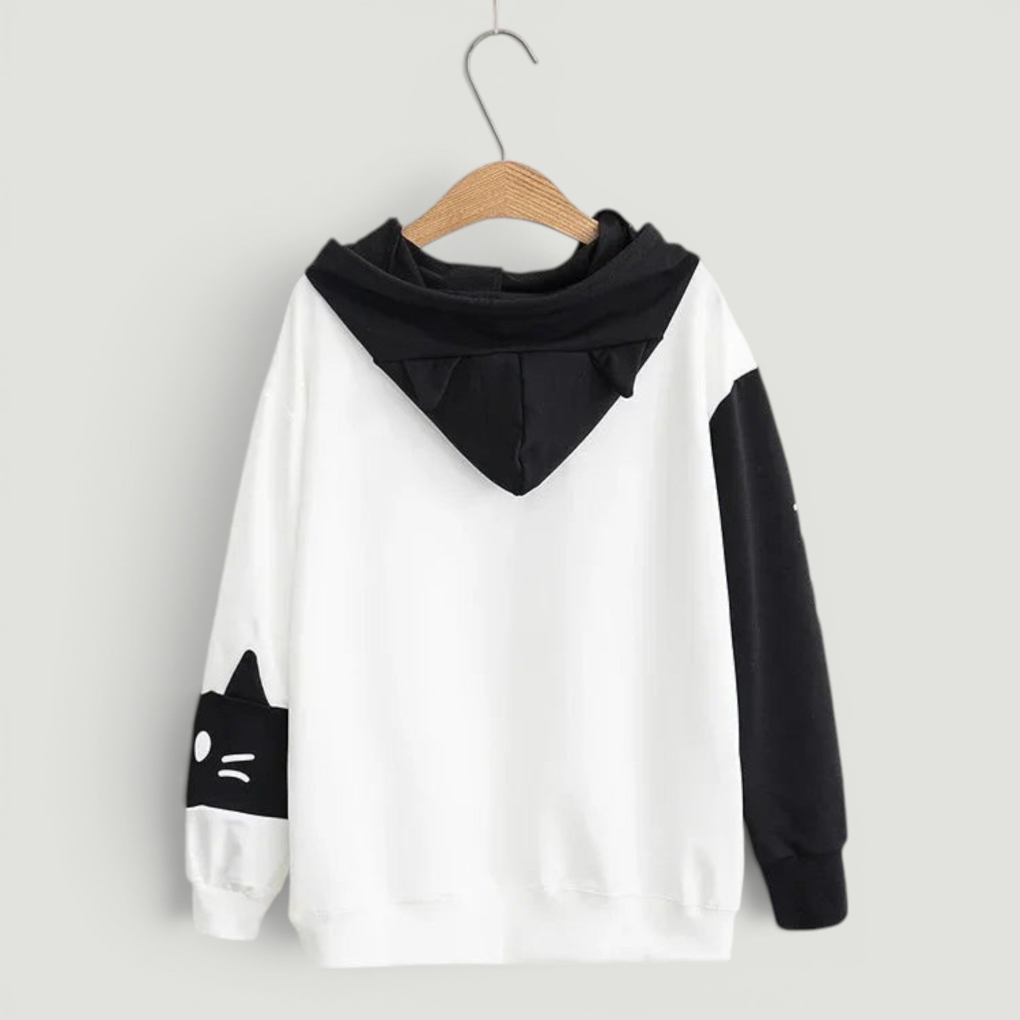 Black and white cat ear hooded pullover sweatshirt with cute cat face design on sleeve