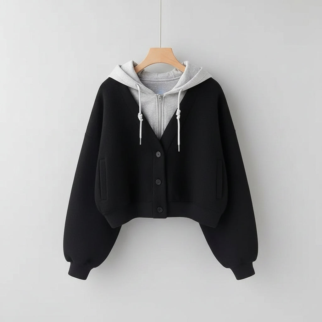 Chic girl japanese fashion jacket with black button-up outer layer and gray hooded inner layer