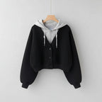 Chic girl japanese fashion jacket with black button-up outer layer and gray hooded inner layer