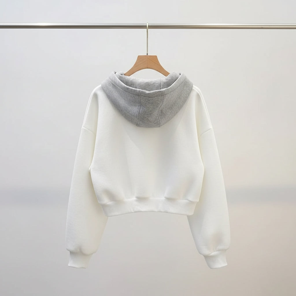 Chic girl japanese fashion jacket in white with gray hood from Vusy Kawai Shop back view