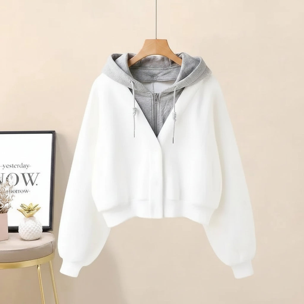 Chic girl japanese fashion jacket in white with gray hood and oversized sleeves from Vusy Kawai Shop