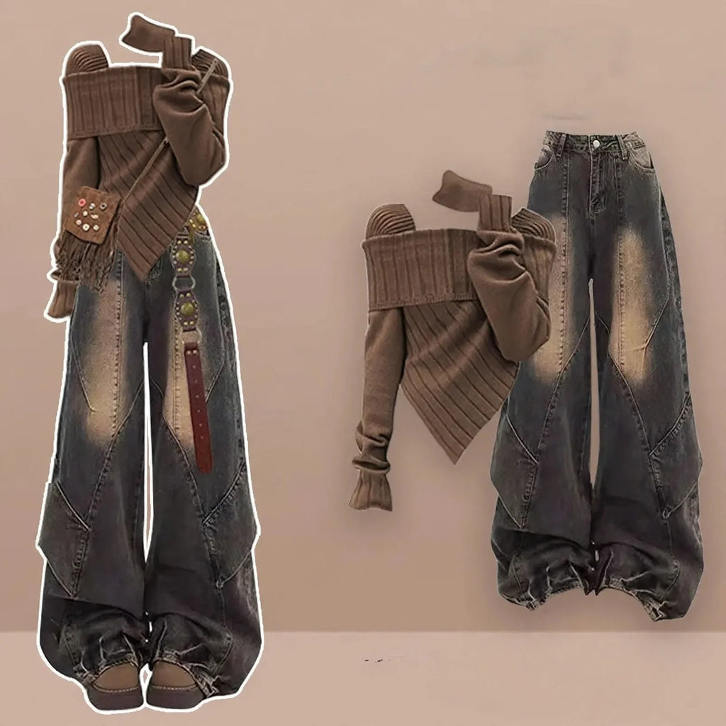 Brown off-shoulder knit top with wide leg jeans, full outfit front view