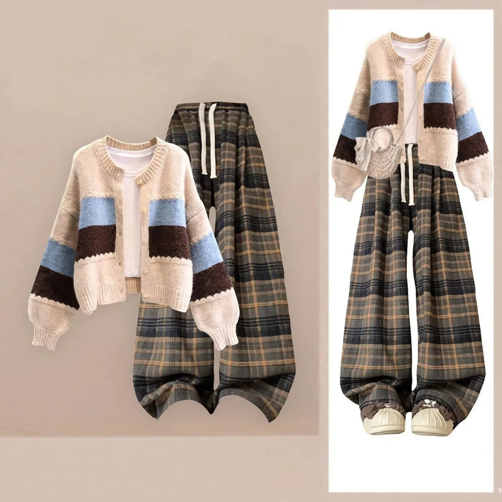 Colorblock Knit Cardigan and Plaid Pants Set, colorblock knit cardigan and plaid wide-leg pants flat lay with model wearing the set