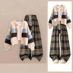 Colorblock Knit Cardigan and Plaid Pants Set, colorblock knit cardigan and plaid wide-leg pants flat lay with model wearing the set