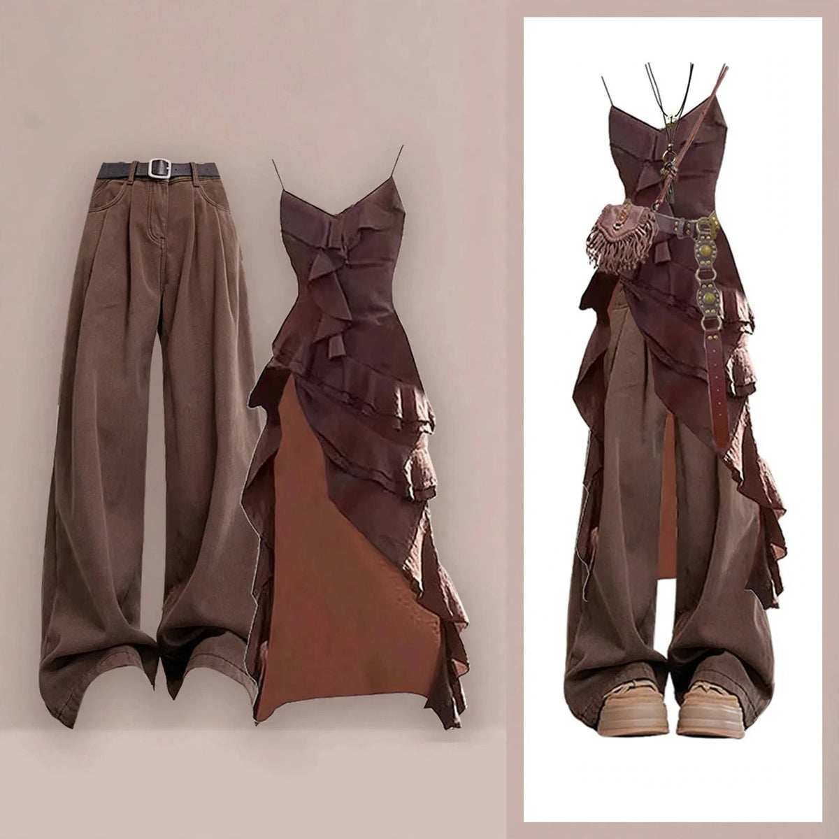 Brown Ruffle Cami Top and Wide Leg Jeans Set, model wearing the ruffle cami and wide-leg jeans with belt, fringe bag and boots, plus flat lay details
