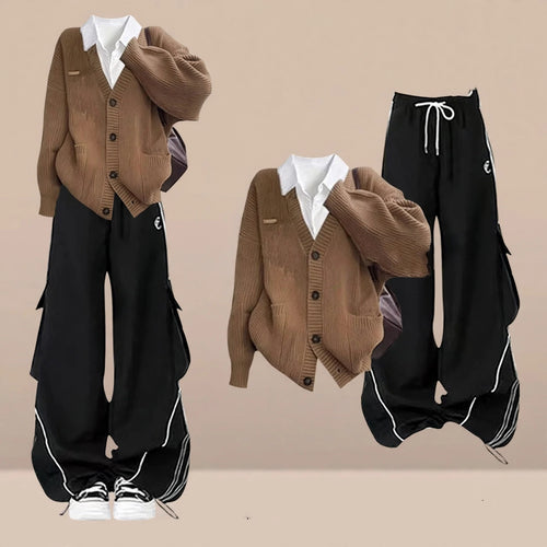 Camel Cardigan Shirt and Black Cargo Pants Set, model wearing the full three-piece outfit with cardigan and cargo pants detail shots