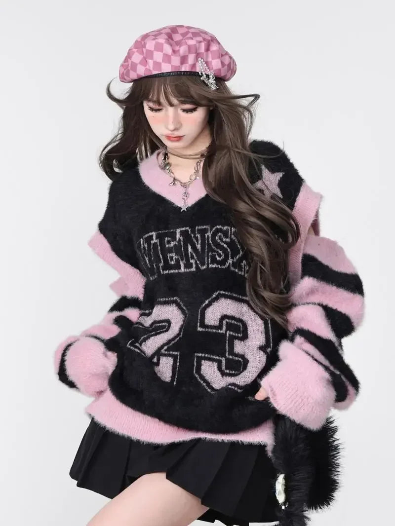 Vusy Kawai Shop college style black sweater for women with pink stripes and number 23 design