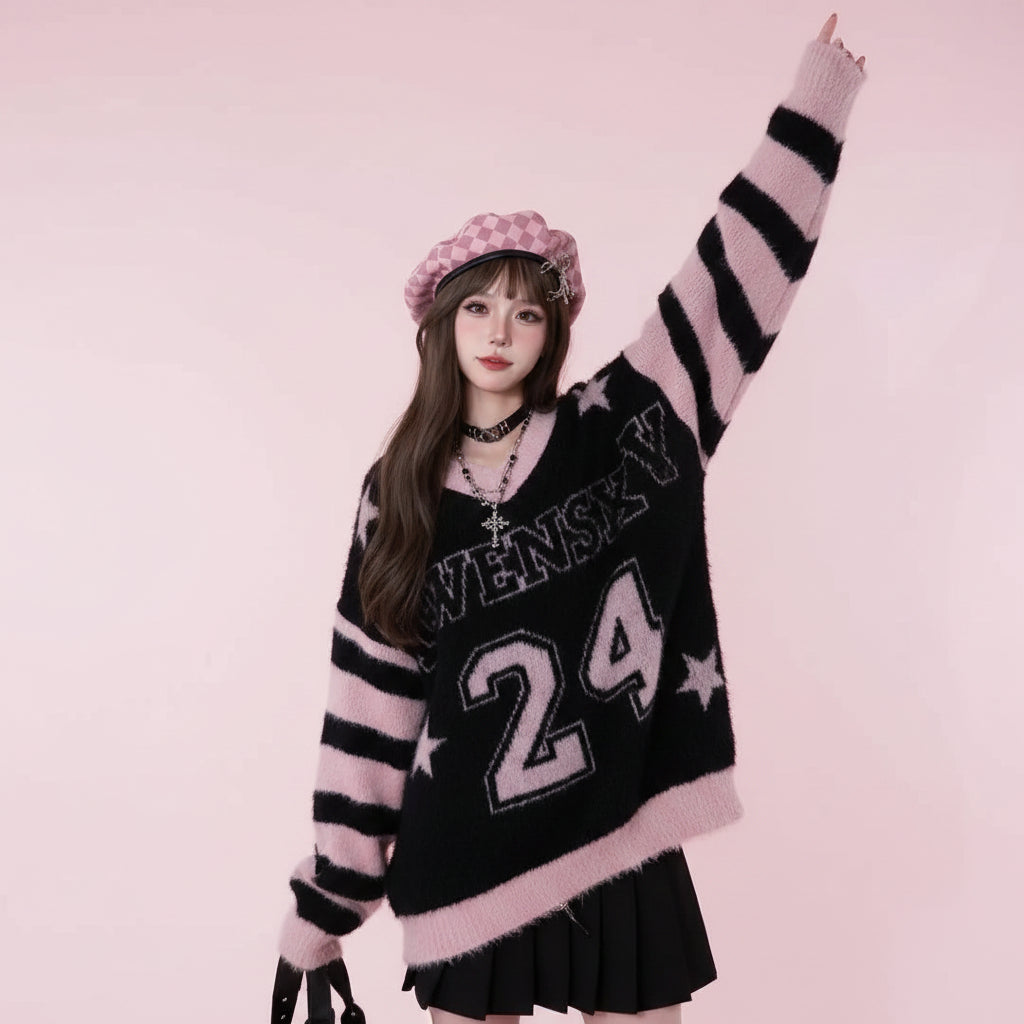 College style black sweater for women with pink stripes and star patterns worn indoors by a woman