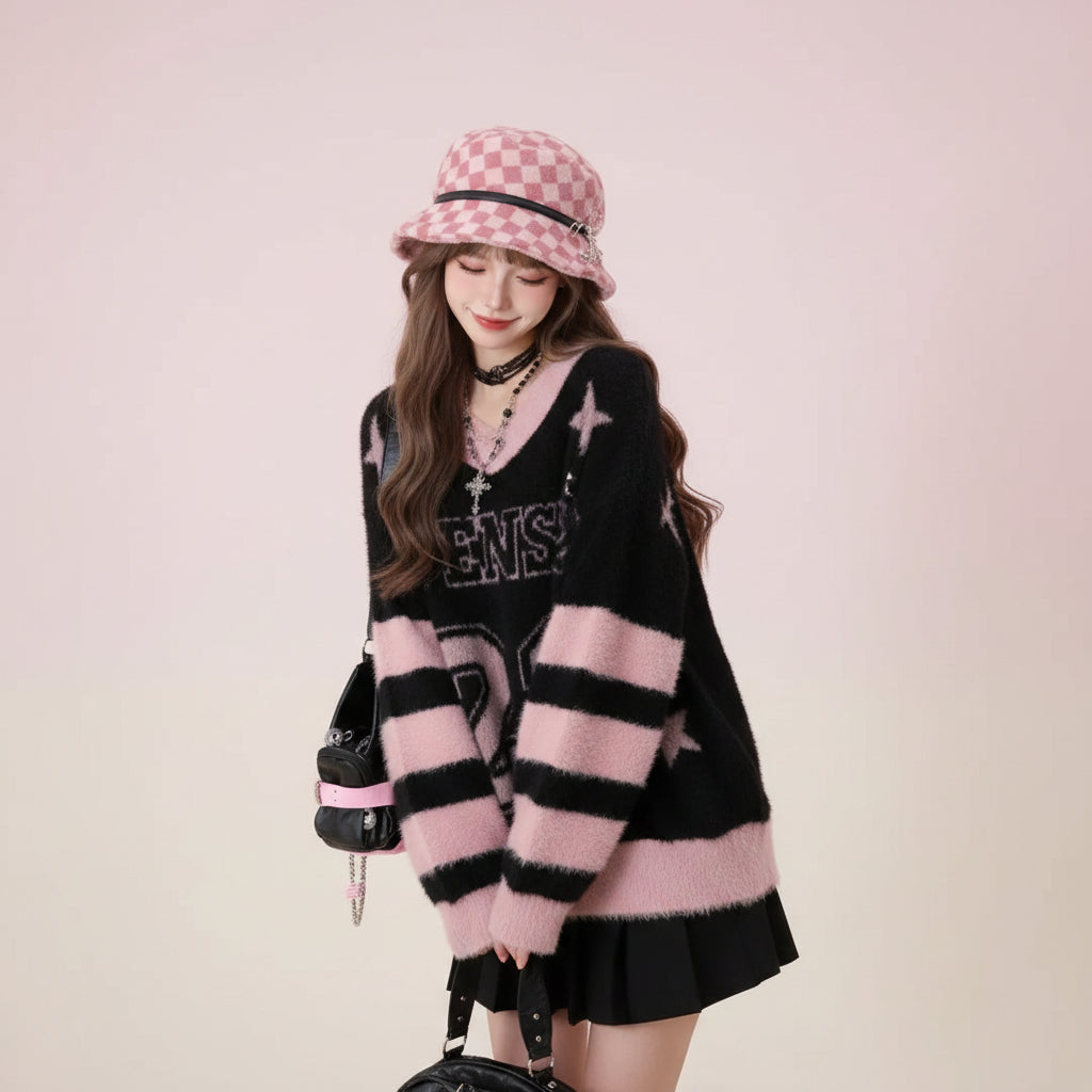 College style black sweater for women with pink striped sleeves and number 27 design