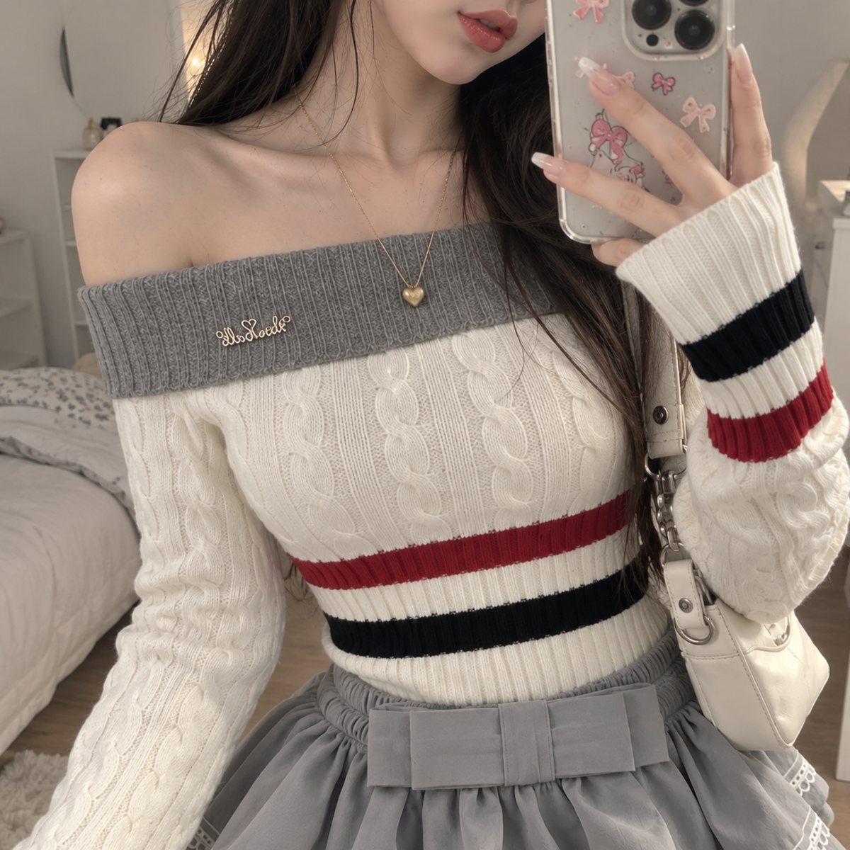 Women's Cream Off-Shoulder Cable Knit Sweater & Gray Ruffle Skirt Set