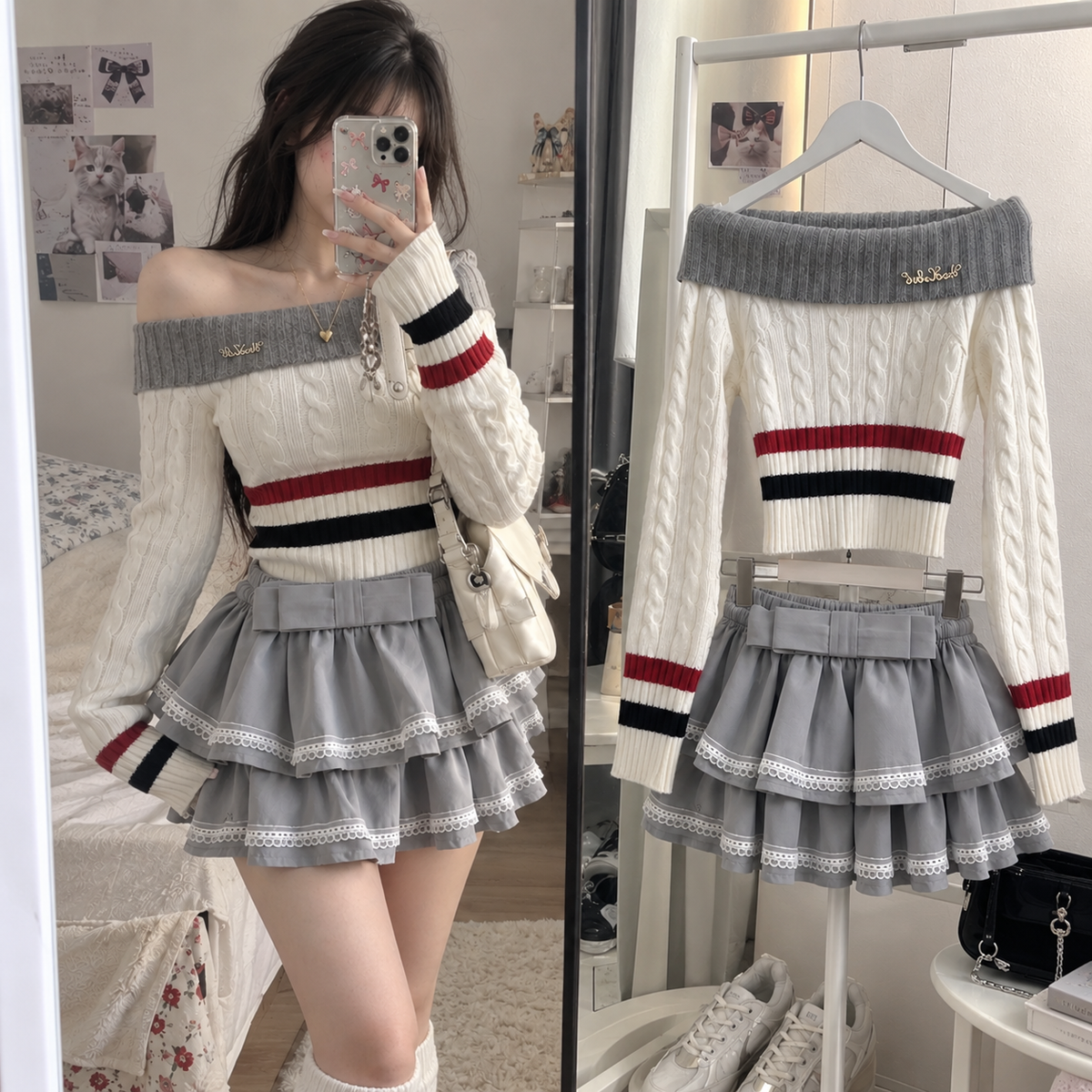 Women's Cream Off-Shoulder Cable Knit Sweater & Gray Ruffle Skirt Set