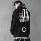 Black cute animal couple hoodie for teens with white character hood details and printed back design