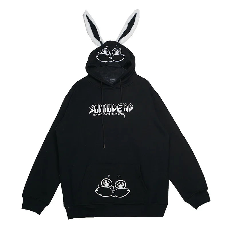 Black cute animal couple hoodie for teens with bunny ears and cartoon face design from Vusy Kawai Shop