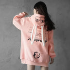 Pink cute animal couple hoodie for teens with bunny ears and cartoon face on hood