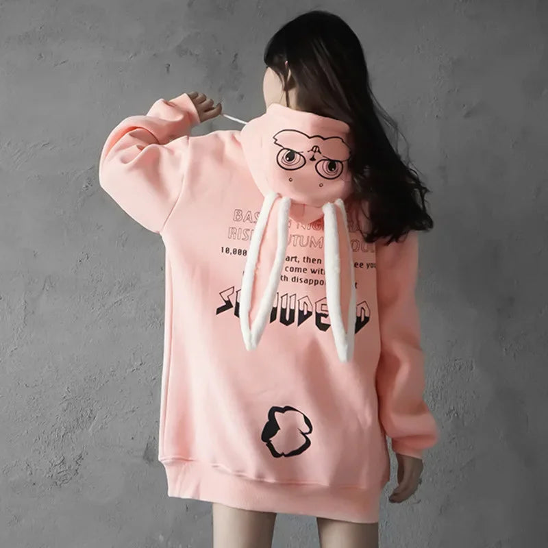 Pink cute animal couple hoodie for teens with bunny ears and cartoon face on hood