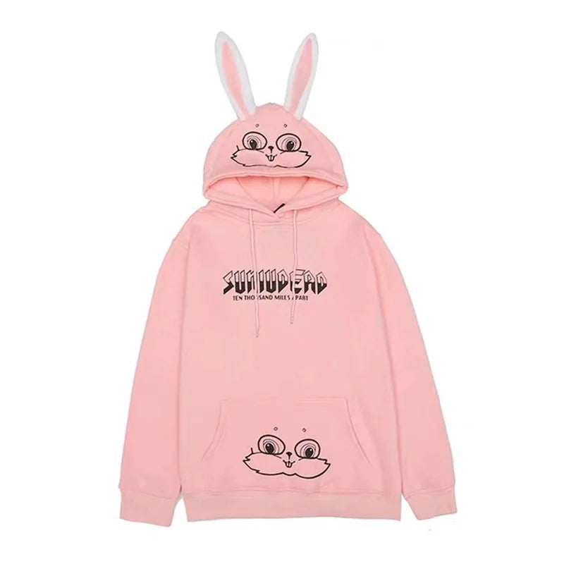 Pink cute animal couple hoodie for teens with bunny ears and cartoon face design