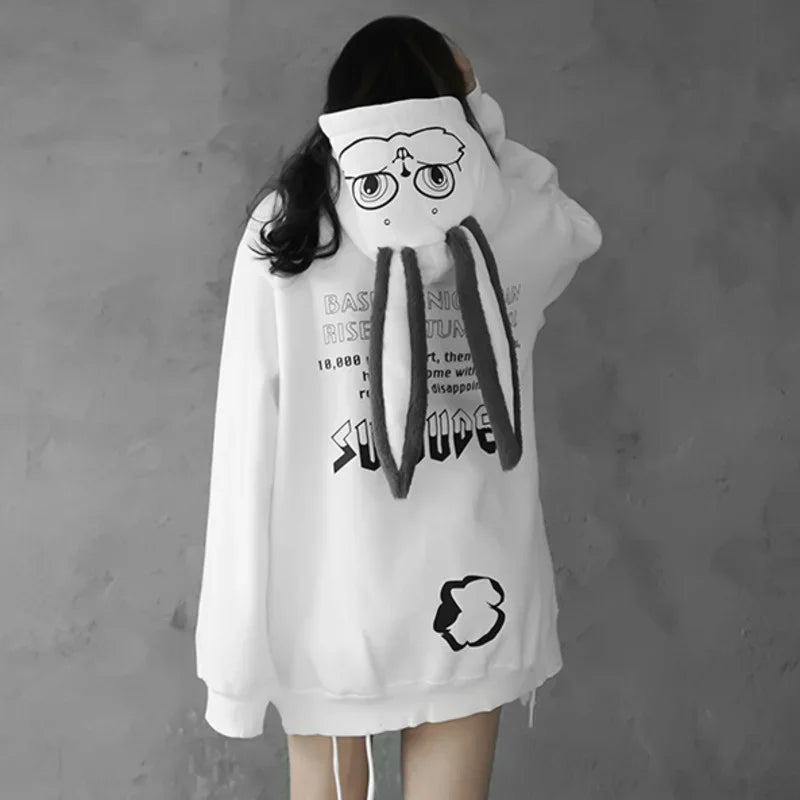 White cute animal couple hoodie for teens with cartoon face and long ears on the hood