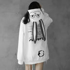 White cute animal couple hoodie for teens with cartoon face and long ears on the hood