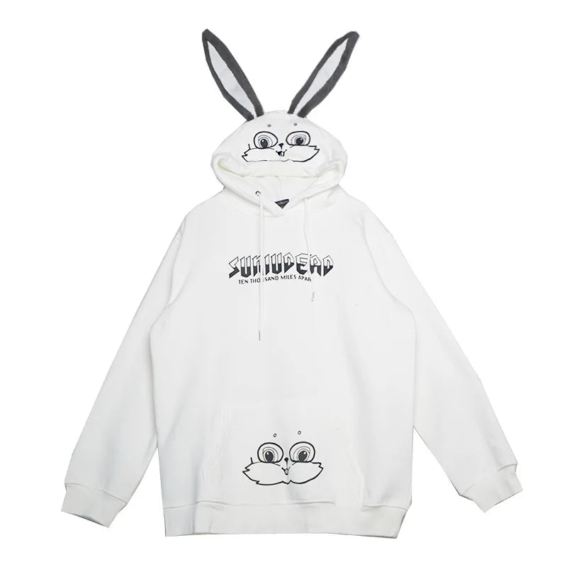 White cute animal couple hoodie for teens with bunny ears and cartoon face print
