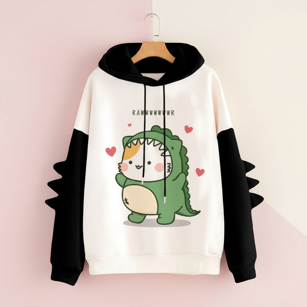 Cute cartoon dinosaur sweatshirt unisex with black sleeves and hood featuring adorable dino character and hearts