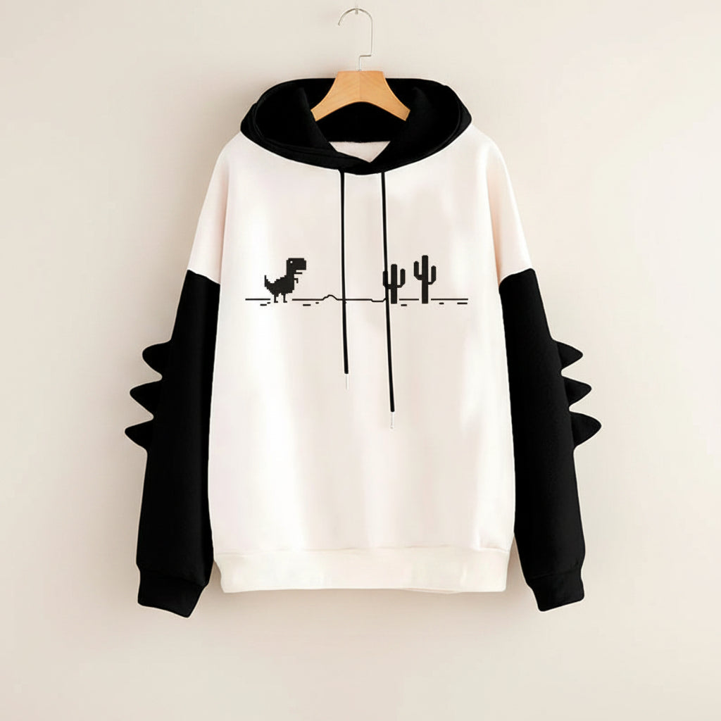 Cute cartoon dinosaur sweatshirt unisex with black and white design and dinosaur spikes on sleeves