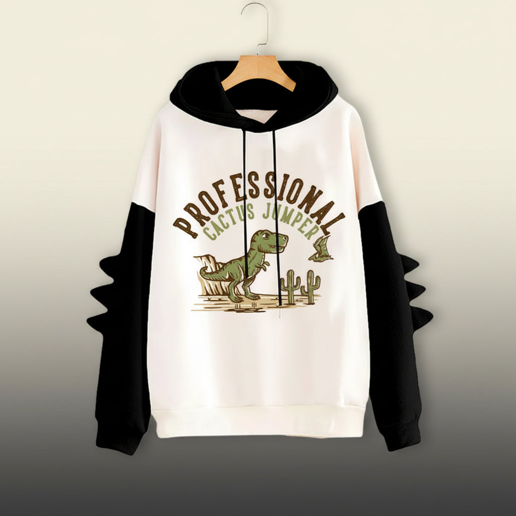 Cute cartoon dinosaur sweatshirt unisex with black sleeves and hood featuring professional cactus jumper design