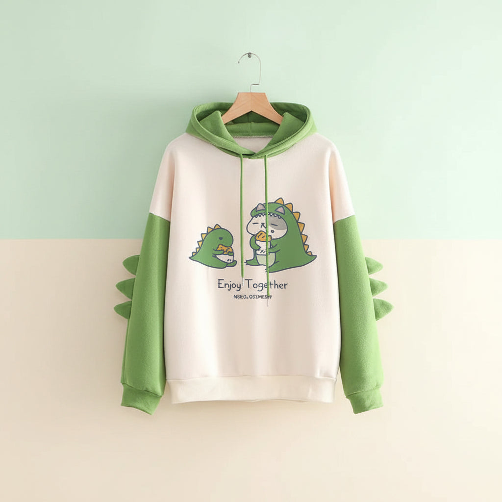 Cute cartoon dinosaur sweatshirt unisex with green dinosaur design and hoodie from Vusy Kawai Shop