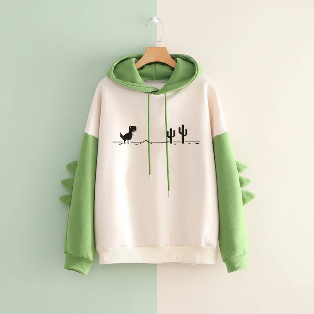 Cute cartoon dinosaur sweatshirt unisex with green sleeves and dinosaur spikes on arms from Vusy Kawai Shop