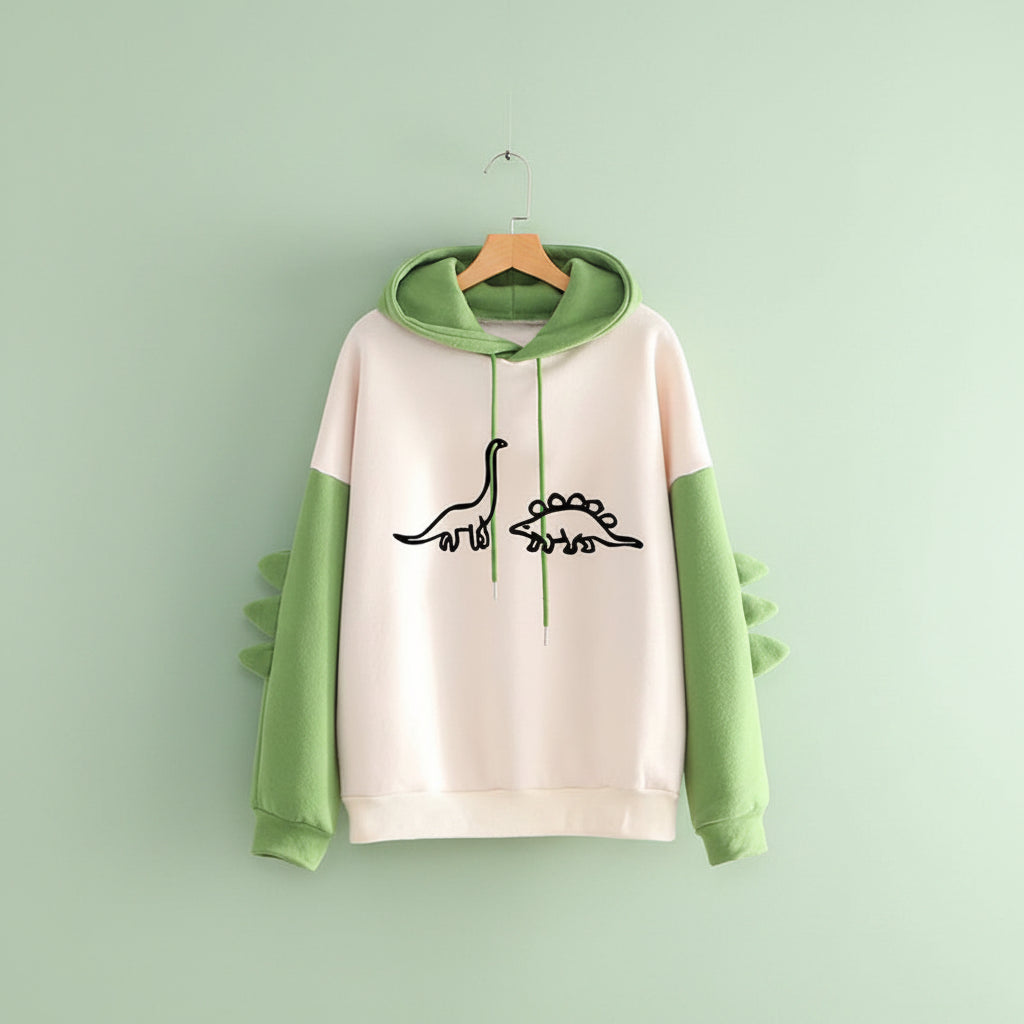 Cute cartoon dinosaur sweatshirt unisex with green hood and sleeves featuring dinosaur spikes