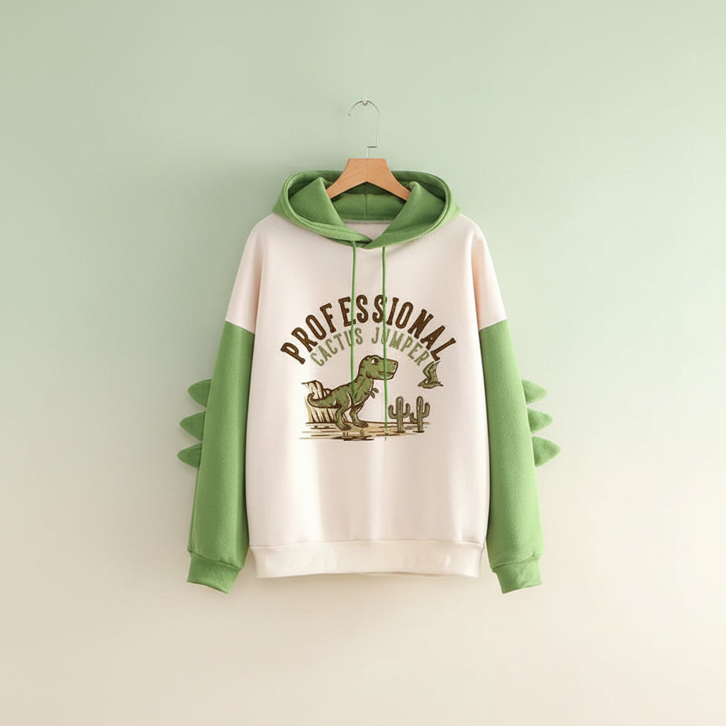 Cute cartoon dinosaur sweatshirt unisex with green sleeves, dinosaur spikes, and cactus jumper print