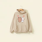 Beige panda bear graphic pullover with cute hugging bear design and red hearts on front