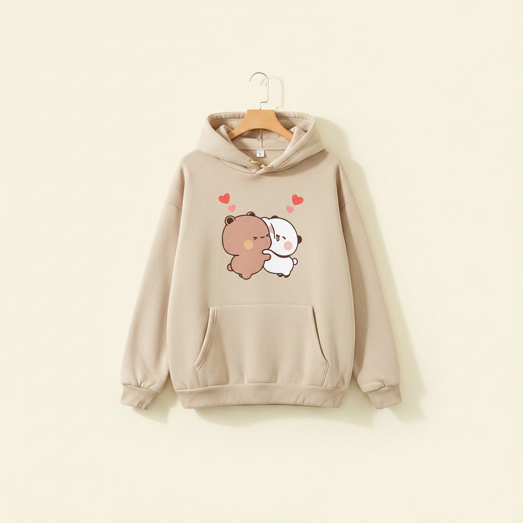 Beige panda bear graphic pullover with cute hugging bear design and red hearts on front
