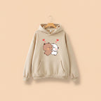 Beige hoodie with cute panda bear graphic pullover design showing two hugging bears with hearts