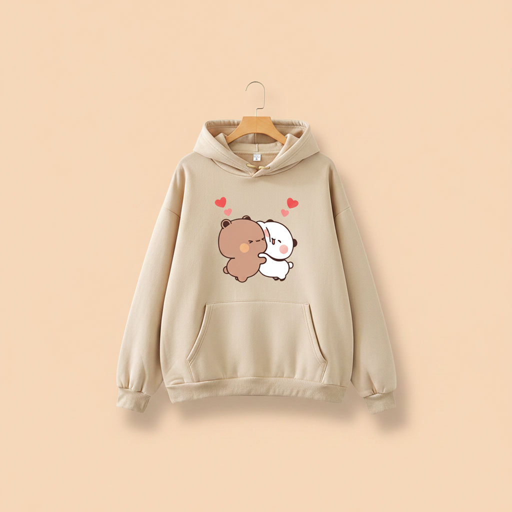 Beige hoodie with cute panda bear graphic pullover design showing two hugging bears with hearts