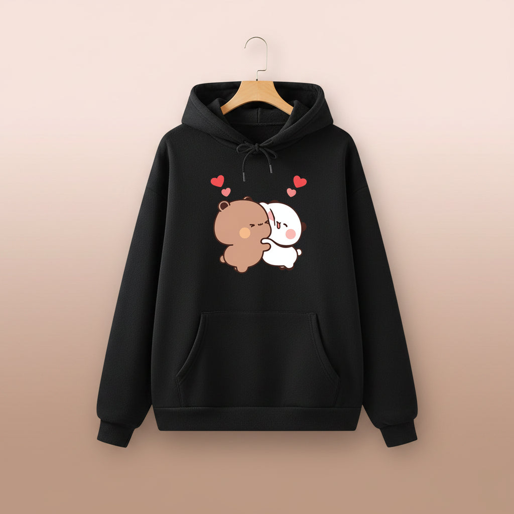 Black panda bear graphic pullover with cute hugging bear design and red hearts from Vusy Kawai Shop