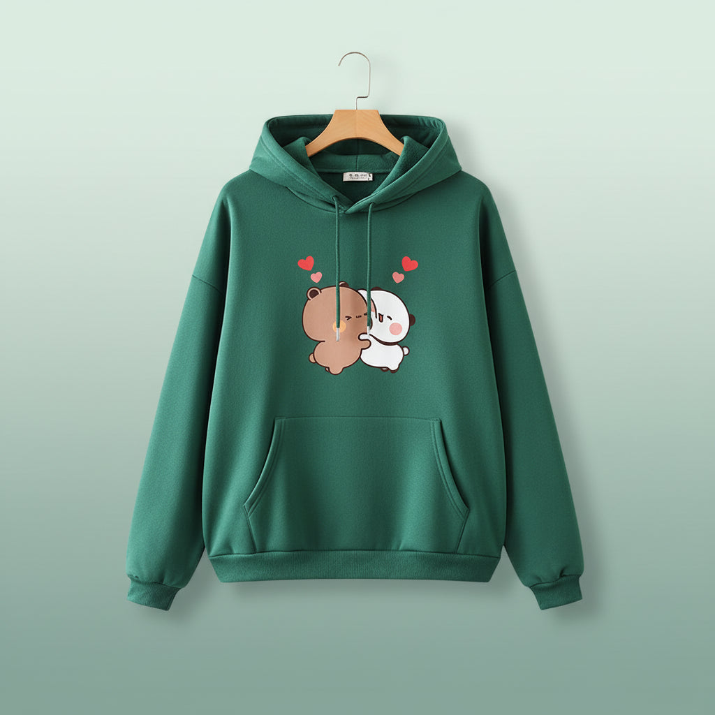 Green hoodie featuring a cute panda bear graphic pullover with two bears hugging and pink hearts
