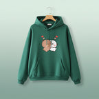 Green hoodie featuring a cute panda bear graphic pullover with two bears hugging and pink hearts