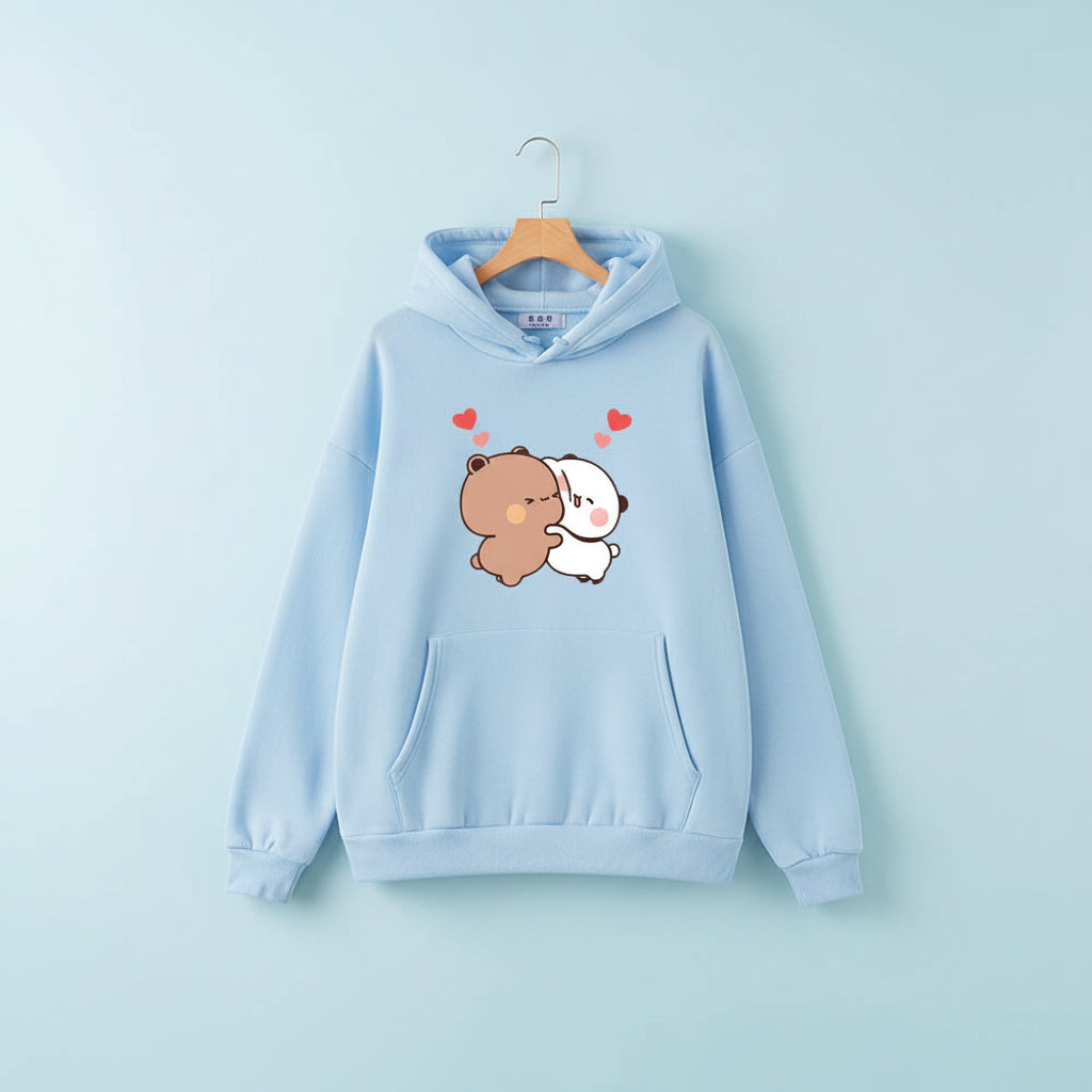 Light blue panda bear graphic pullover with cute bear design and red hearts on front