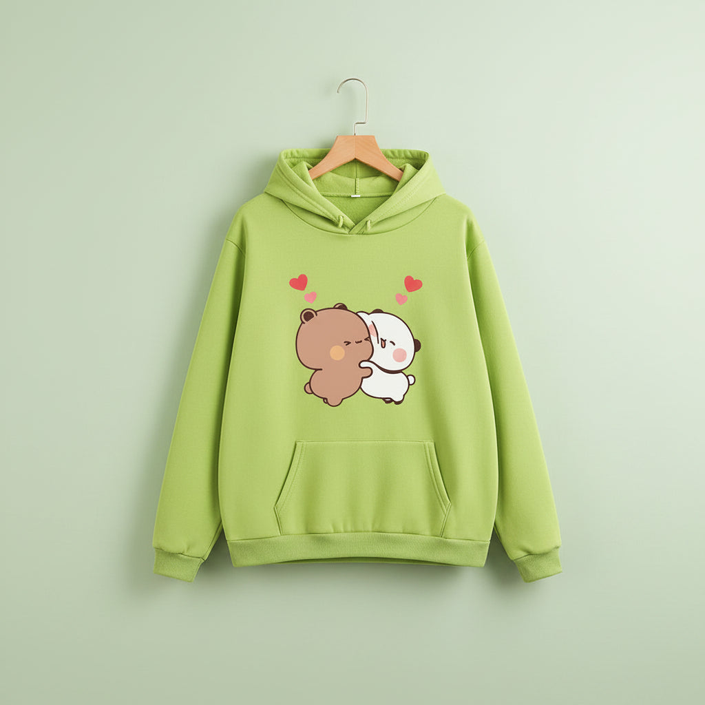 Green hoodie with cute panda bear graphic pullover design featuring two hugging bears and pink hearts