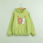 Green hoodie featuring a cute panda bear graphic pullover design with two hugging bears and red hearts