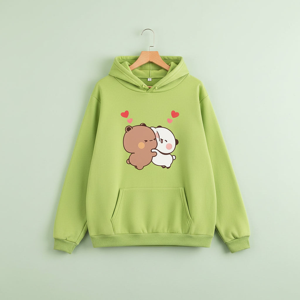 Green hoodie featuring a cute panda bear graphic pullover design with two hugging bears and red hearts