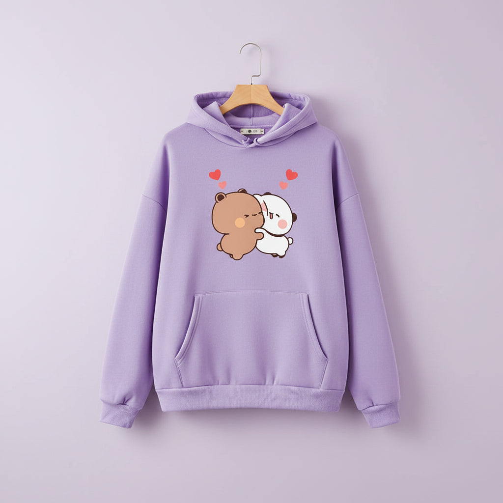 Lavender panda bear graphic pullover with cute bear hugging design and front kangaroo pocket