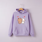 Lavender hoodie featuring a cute panda bear graphic pullover with two hugging bears and red hearts