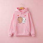 Pink hoodie with cute panda bear graphic pullover featuring two cartoon bears hugging with hearts