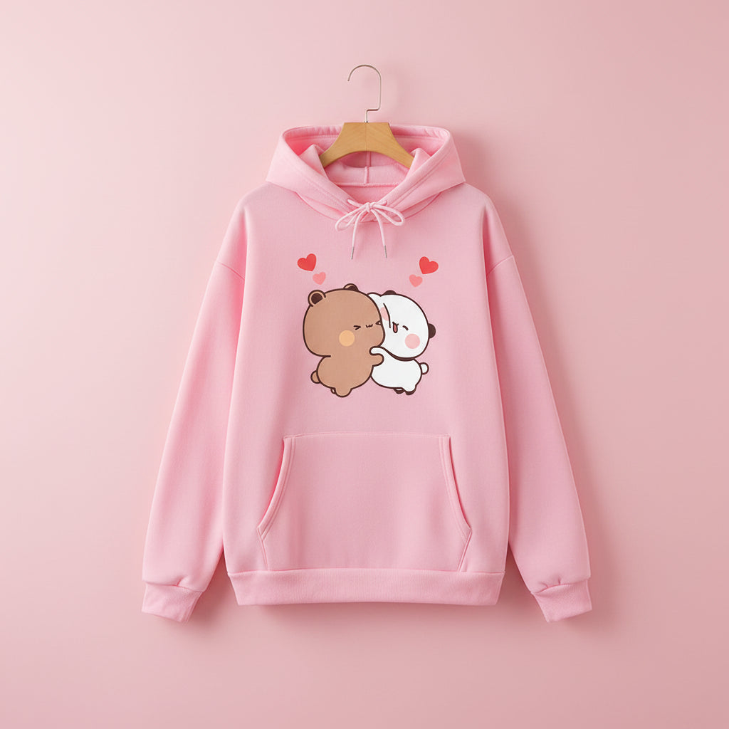 Pink hoodie with cute panda bear graphic pullover featuring two cartoon bears hugging with hearts