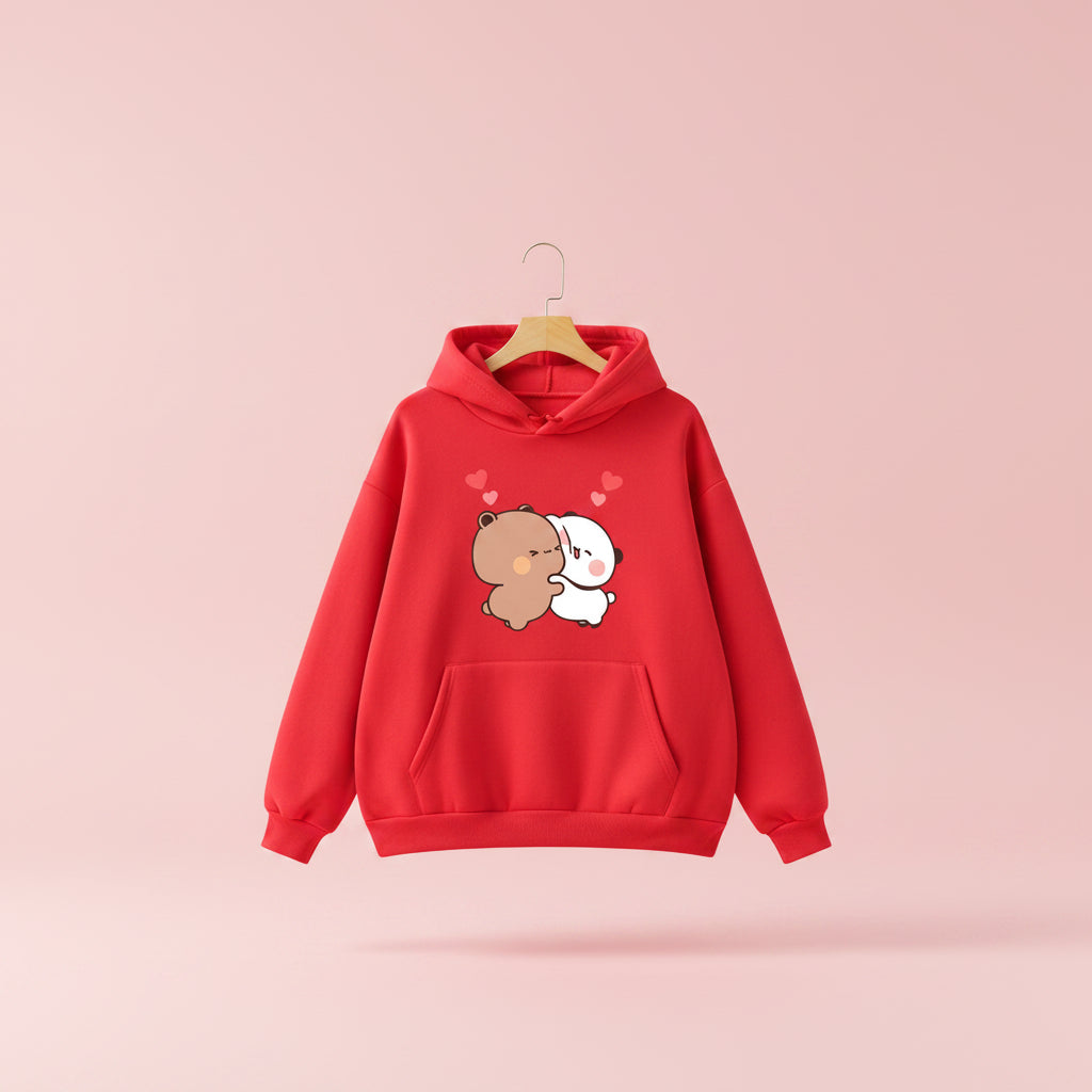 Red hoodie featuring a cute panda bear graphic pullover with two hugging bears and heart details