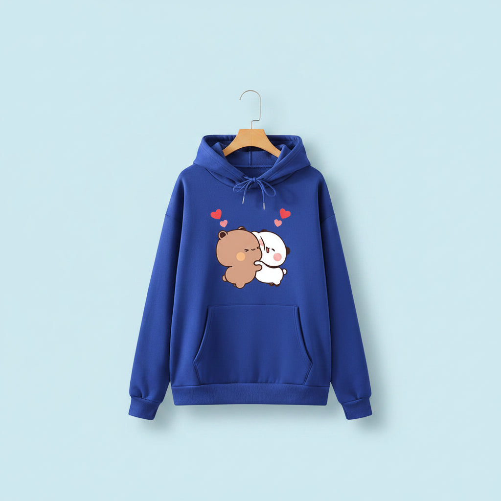 Blue panda bear graphic pullover with cute brown and white bears hugging and red hearts design
