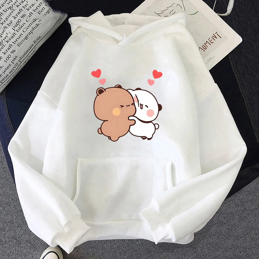 White panda bear graphic pullover with cute hugging bears and red hearts design